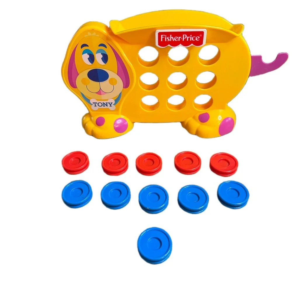 Fisher-Price Tony the Dog Coin Bank Yellow Puppy Toy with 11 Red Blue Coins